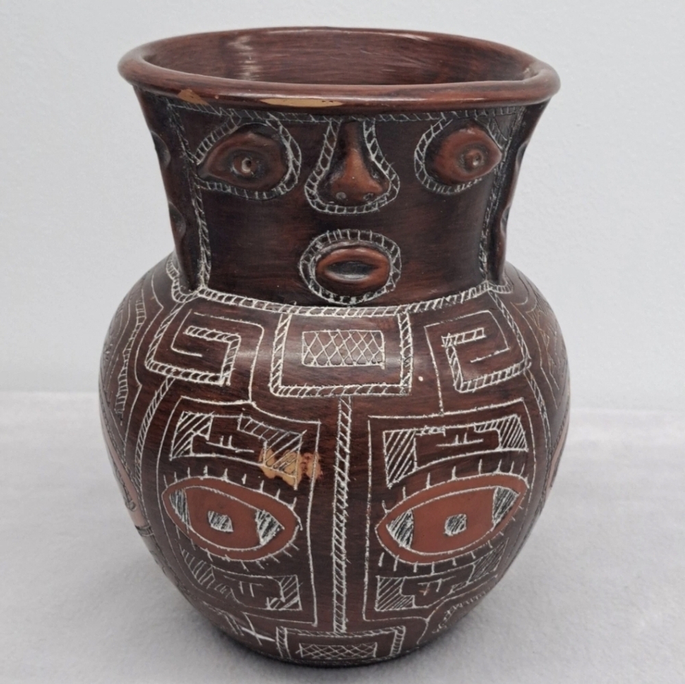 Vintage Brazilian Marajoara Art Terracotta Face Vase, Amazon Pottery, Pre-Owned
